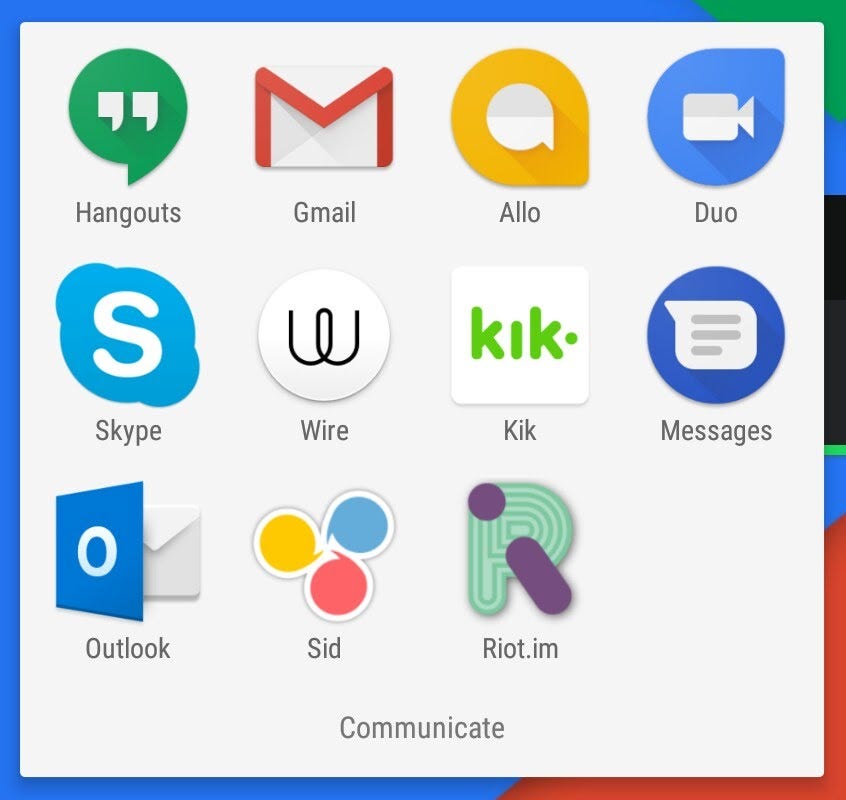 11 apps in a folder titled "Communication". The apps are: Hangouts, Gmail, Allo, Duo, Skype, Wire, Kik, the stock SMS Messages app, Outlook, Sid, and Riot.im.